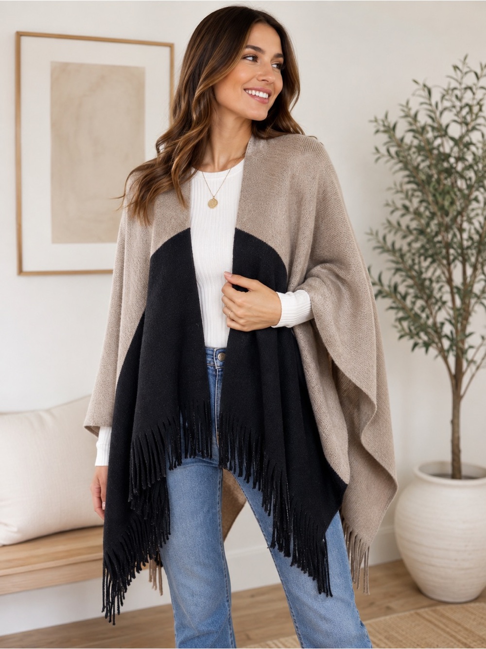 Calvin Klein Beige and Black Fringe Open Front Poncho Wrap - Picture 2 of 3